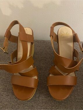 Fergie Cognac Strappy Wedge Sandals